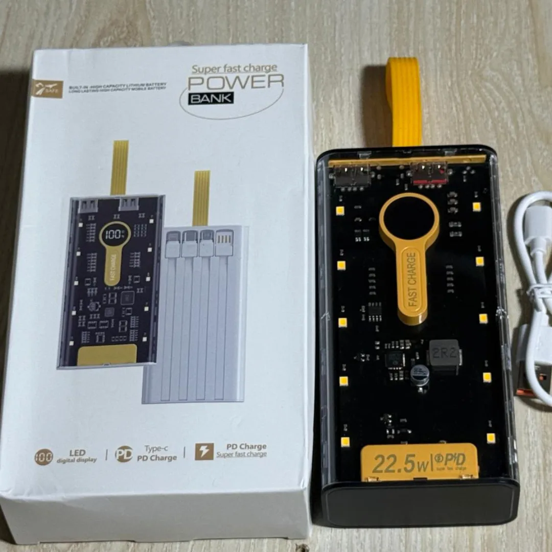 Transparent Power Bank with LED & Universal Charging Cables – 20000mAh